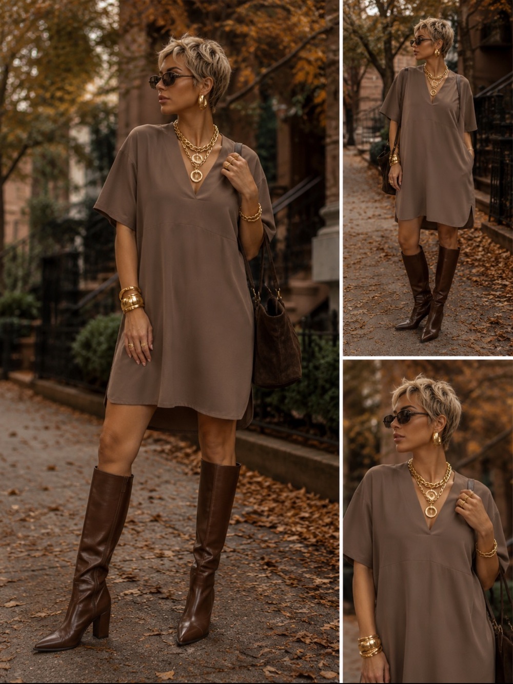 Roucha Taupe V-Neck Dress